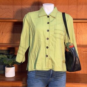 Vintage 90s linen blend green button up top with contrast hem